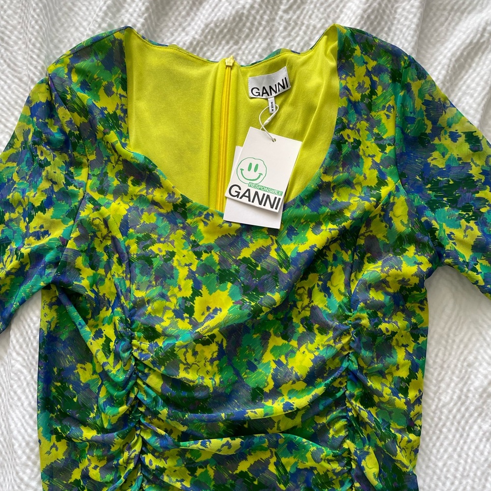 GANNI Green Multicolored Printed Ruched Recycled Nylon Mesh Midi Dress